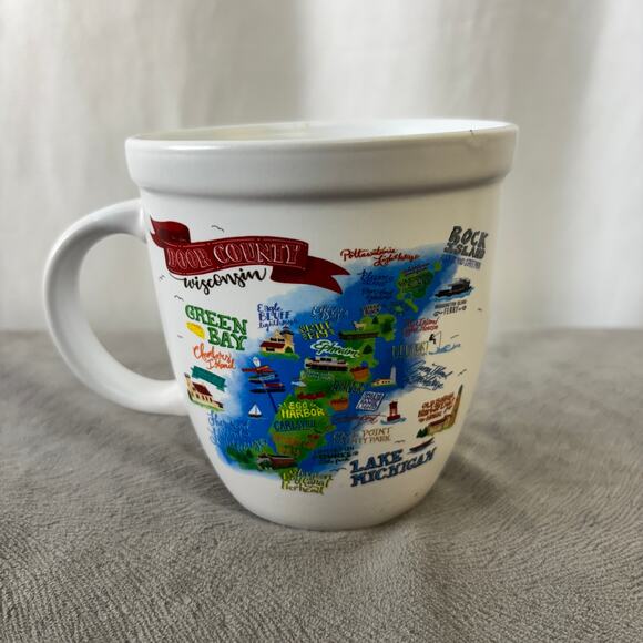 Door County Wisconsin Ceramic Mug Cup White Detailed Multicolor Peninsula Map - Picture 3 of 5